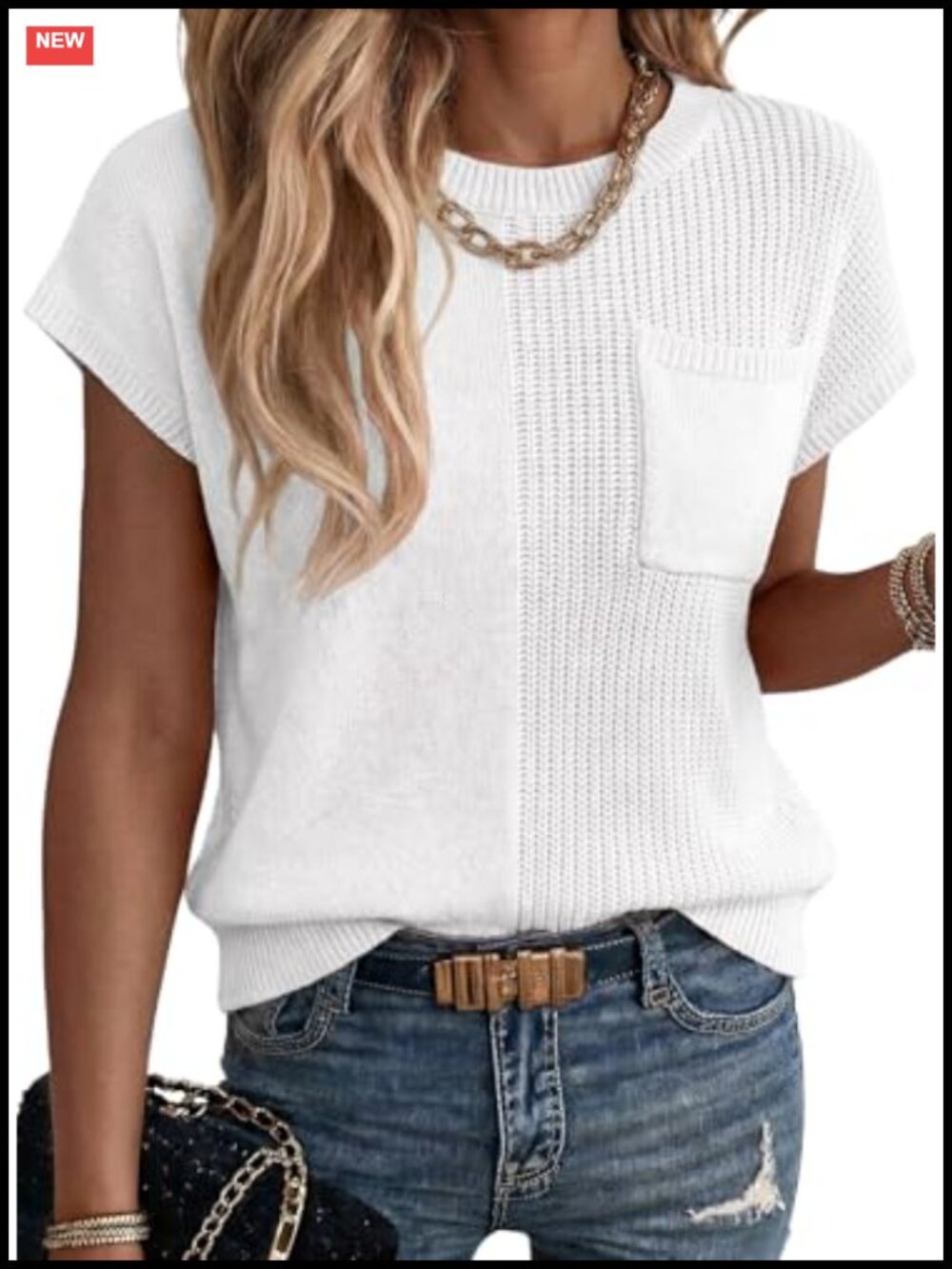 Acrylic Asymmetrical Short Sleeve Sweater Vest Crewneck